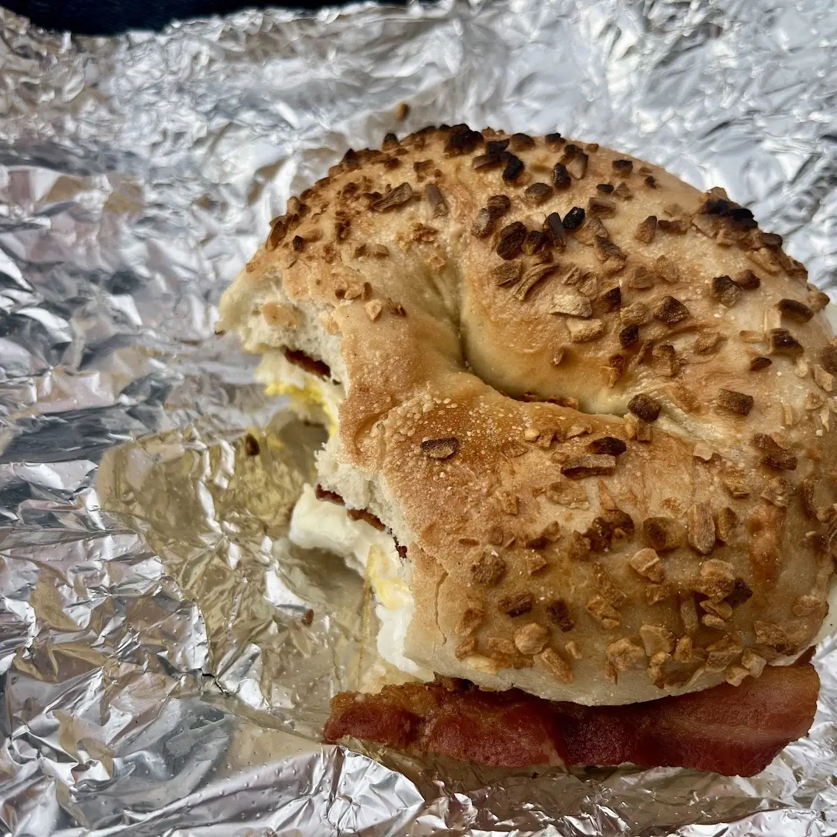 Onion Bagel with Bacon Egg and Cheese