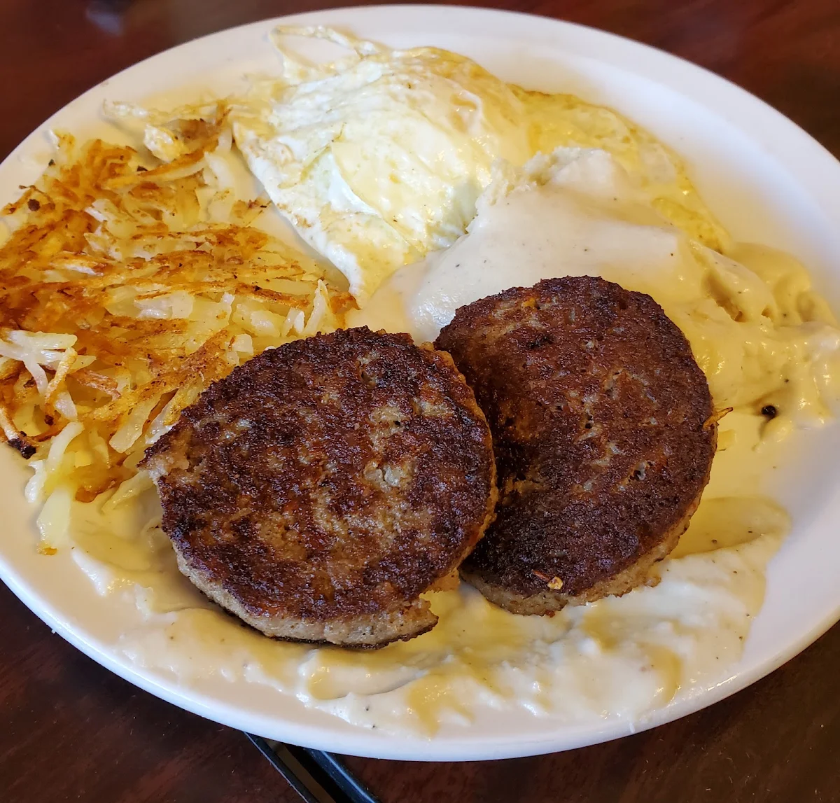Sausage Eggs over Easy and Biscuits and Gravy