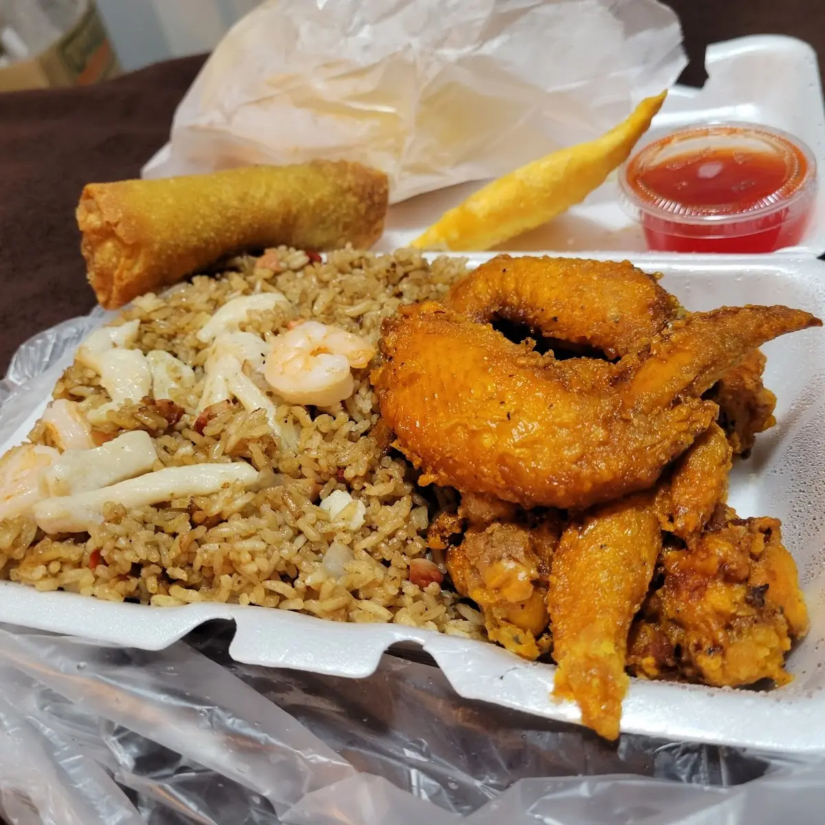Chickenwings with House Special Fried Rice and Pork Eggroll with Crab Rangoon