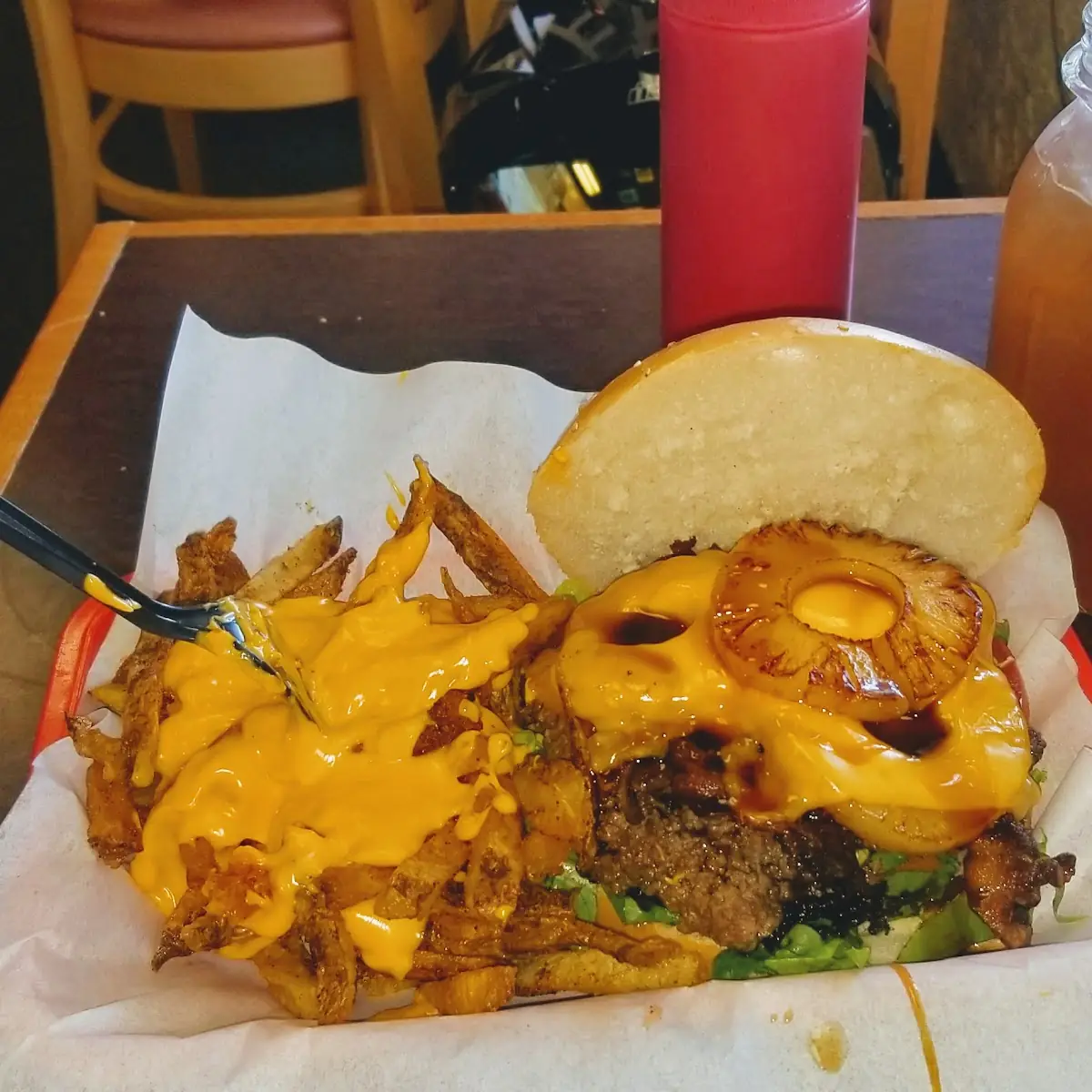 Stevie Burger Shake Rattle and Roll Fries with Cheese Half and Half Iced Tea