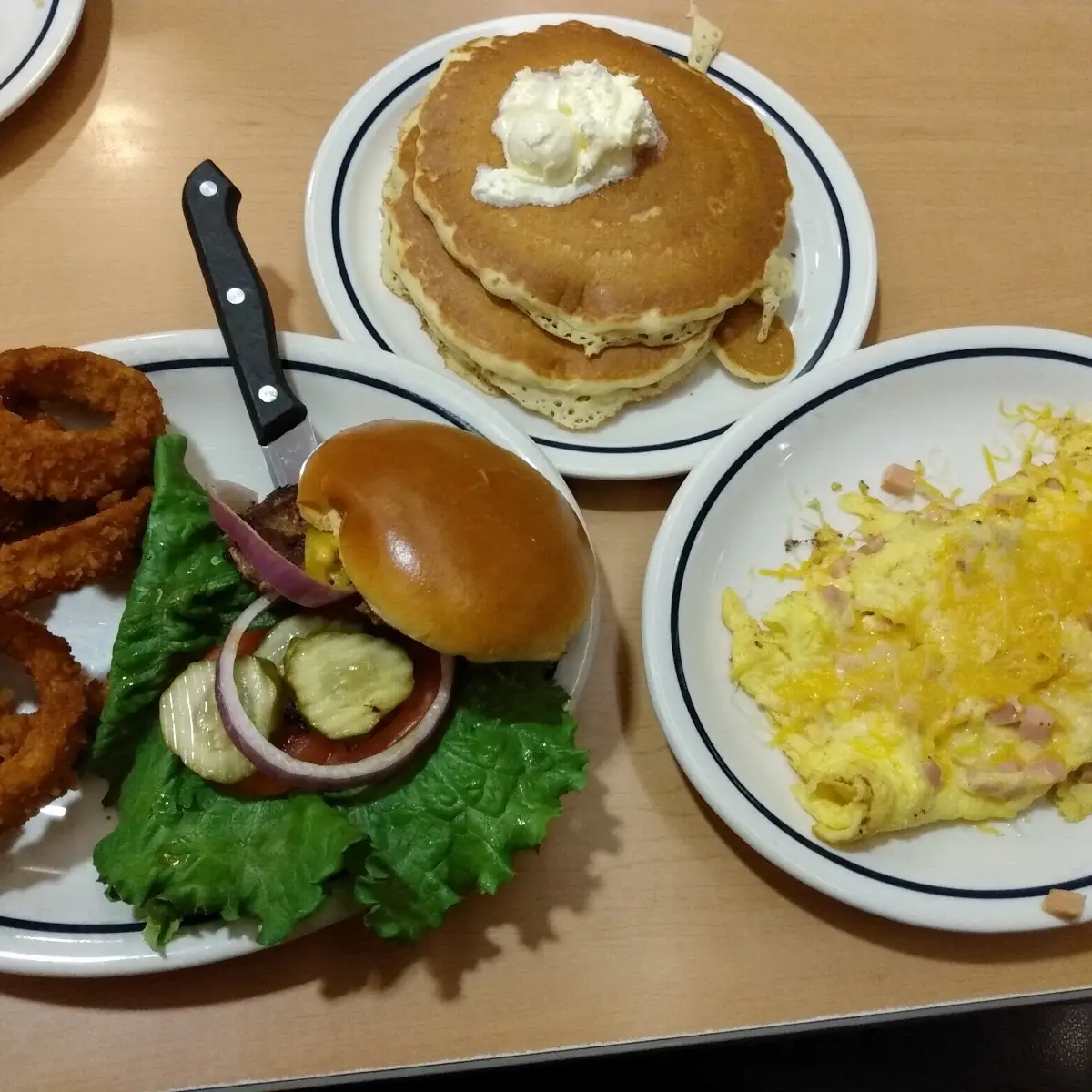 Ham and Cheese Omelette and Hamburger