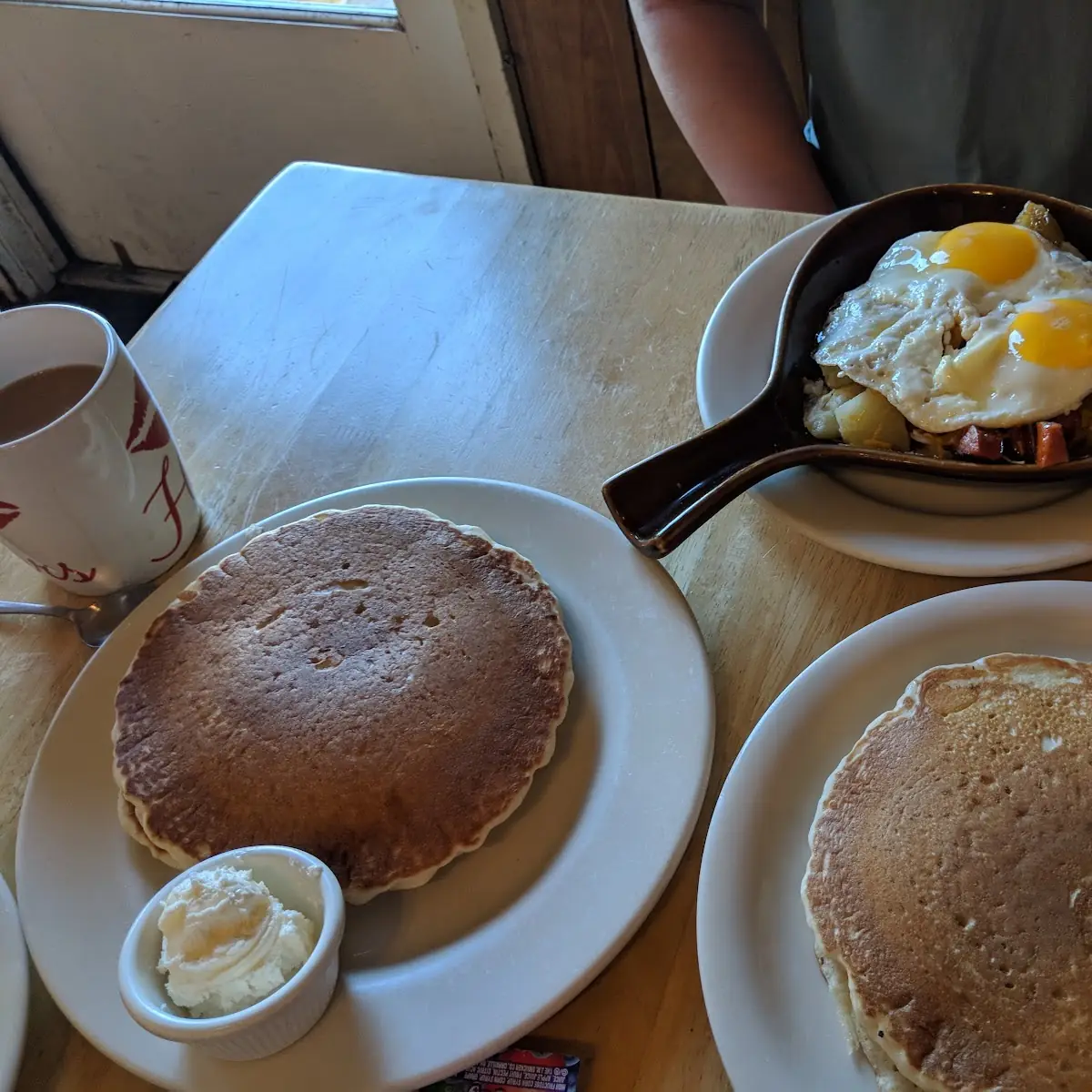 Silver Dollar Pancakes One Egg One Bacon or Sausage