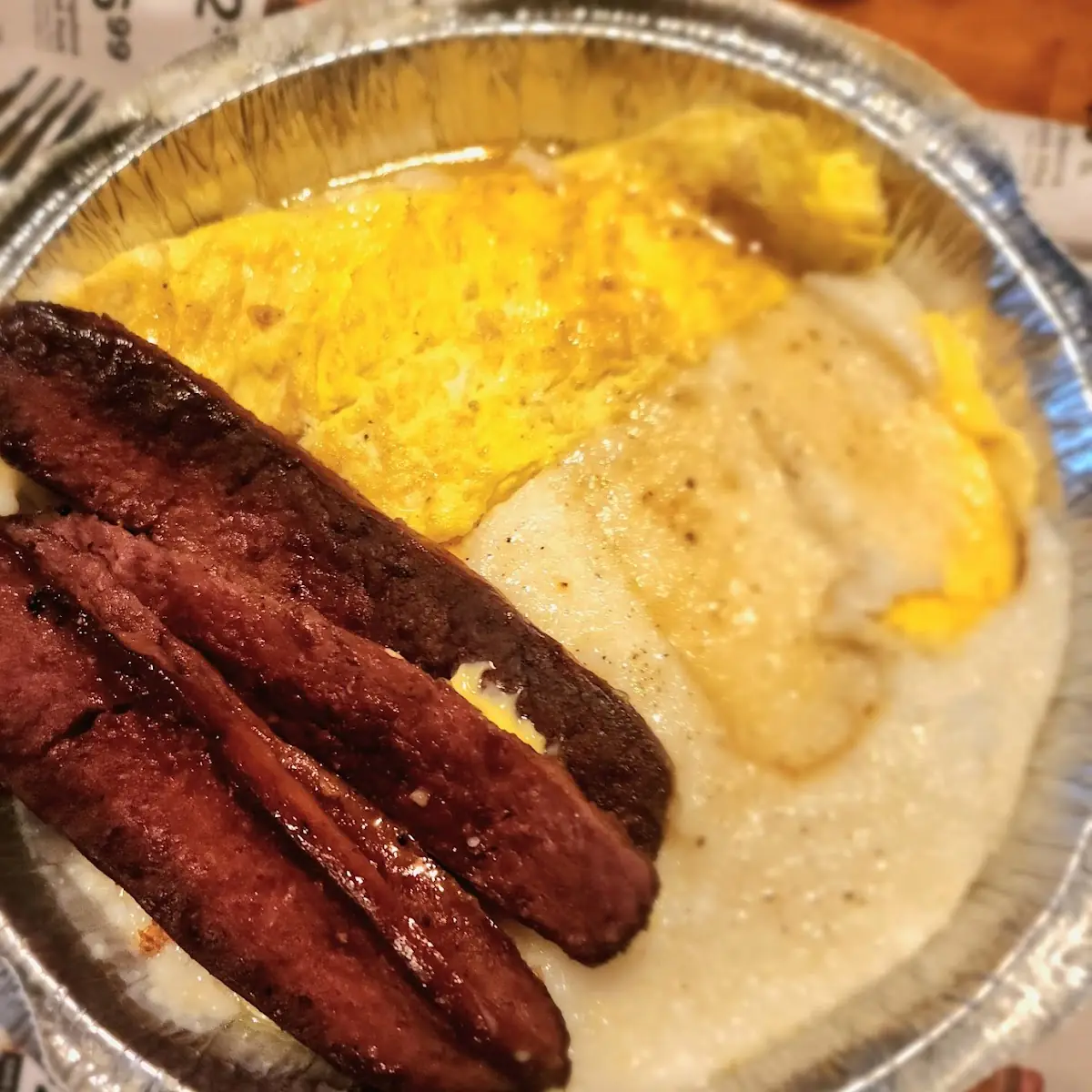 Beef Sausage Scrambled Eggs a Day Grits