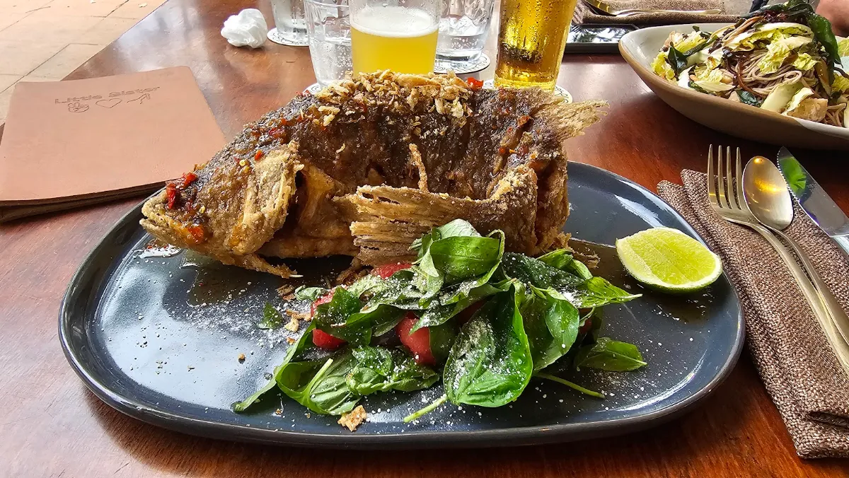 Crispy Fried Whole Baby Barra, Little Sister Restaurant & Cocktail Bar