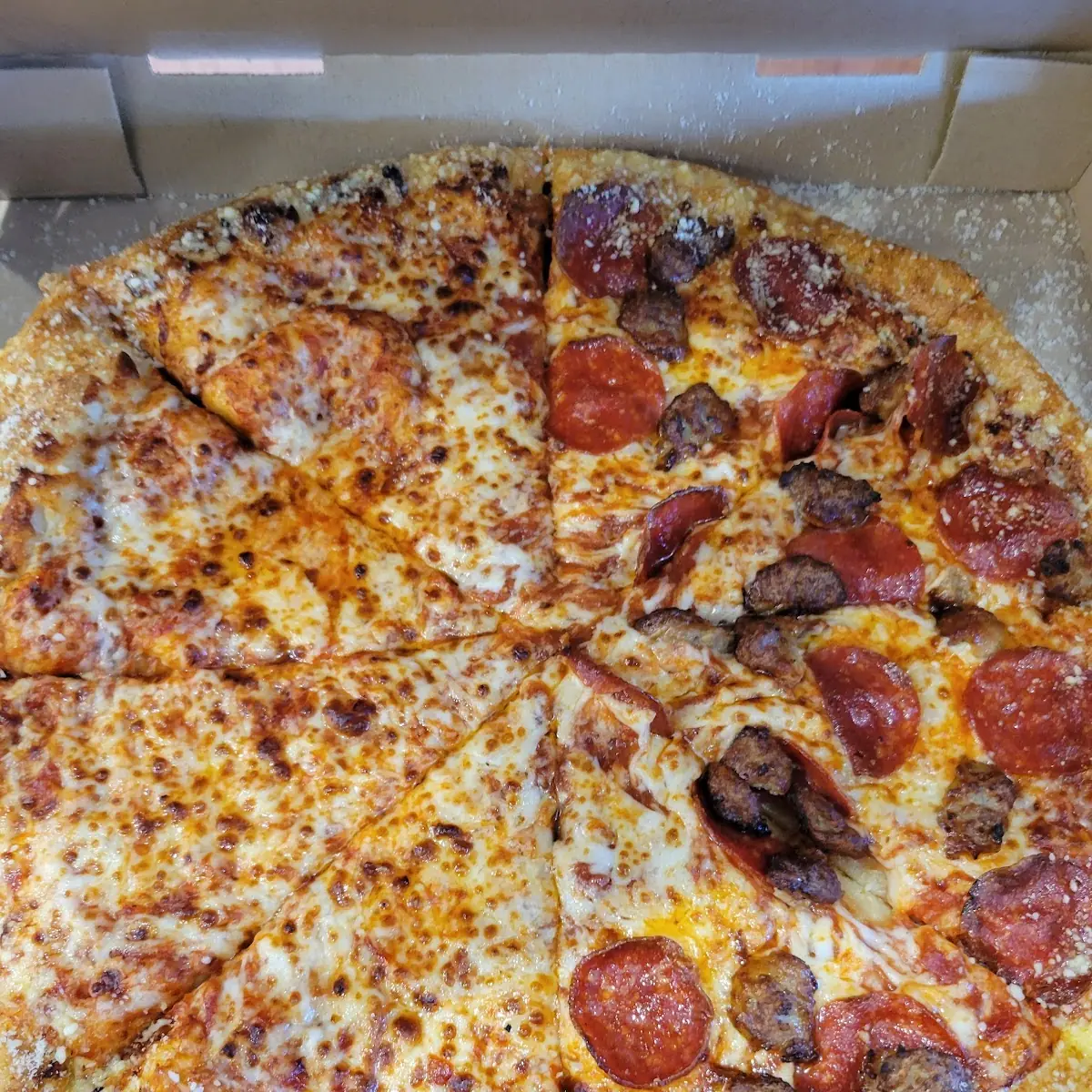 Half Cheese Half Pepperoni Sausage Pizza