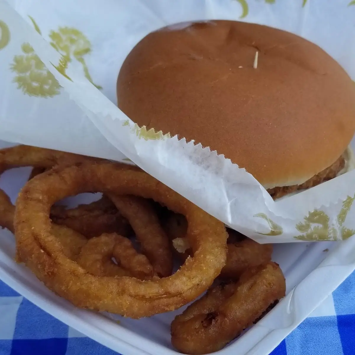 Shrimp Burger and Onion Rings