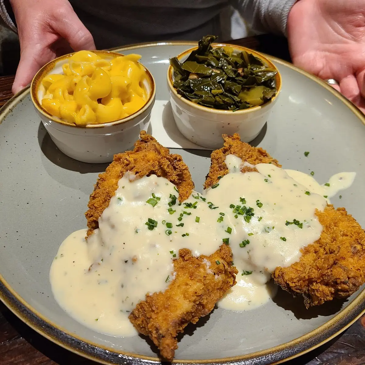 Fried Chicken with Mac and Cheese and Collards