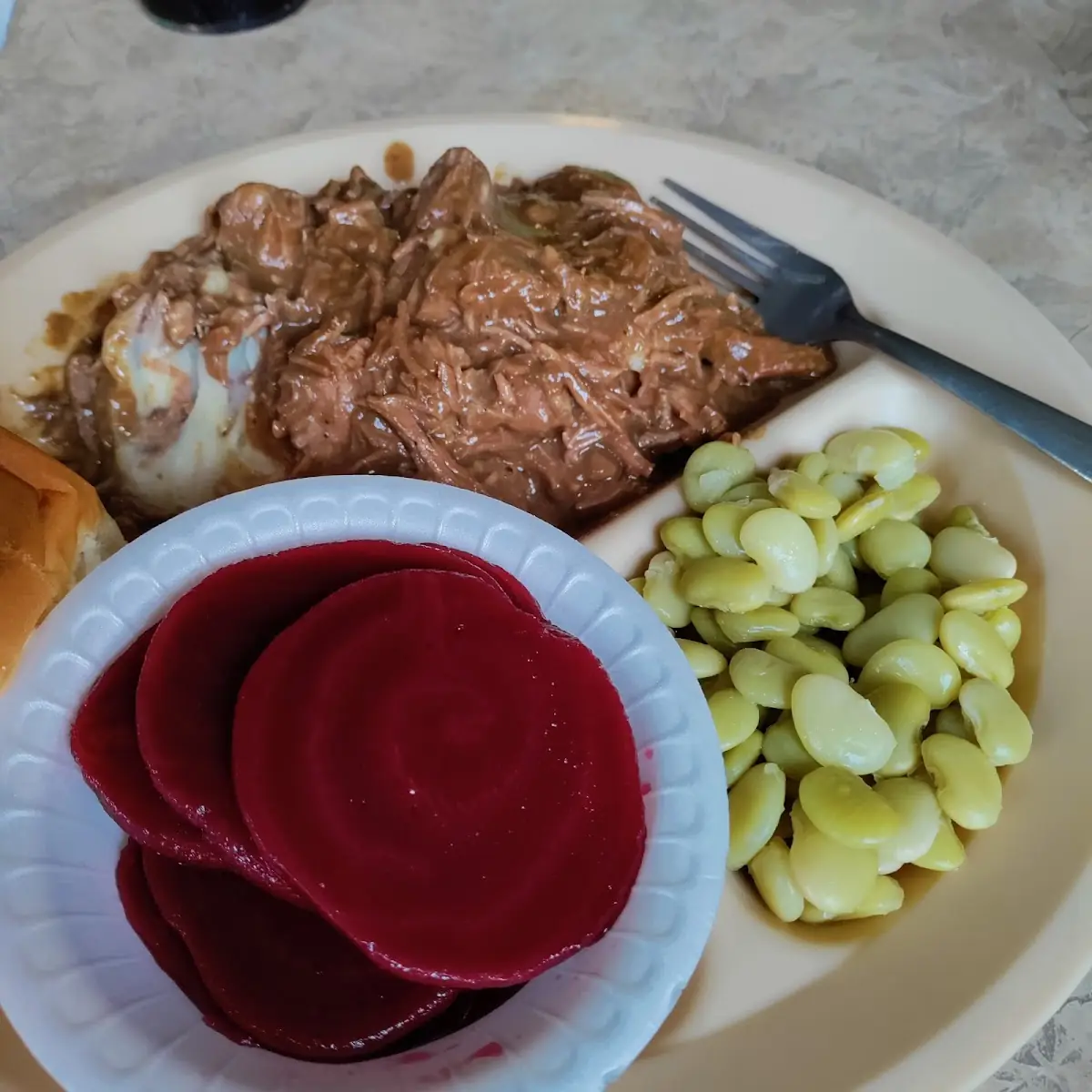 Stew Beef over Potatoes Lima Beans Pickled Beets