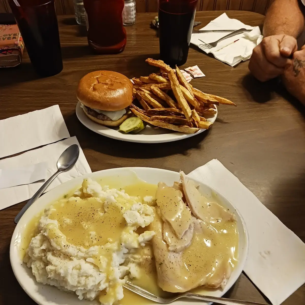 Homemade Turkey Dinner with Mashed Potatoes & Gravy Cheeseburger & Homemade French Fries