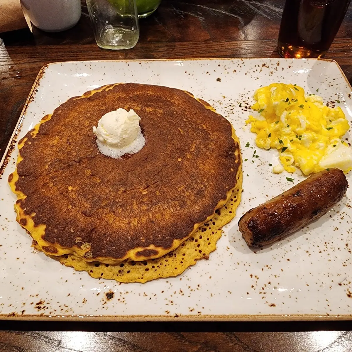 Pumpkin Pancake and Scrambled Eggs with Sausage