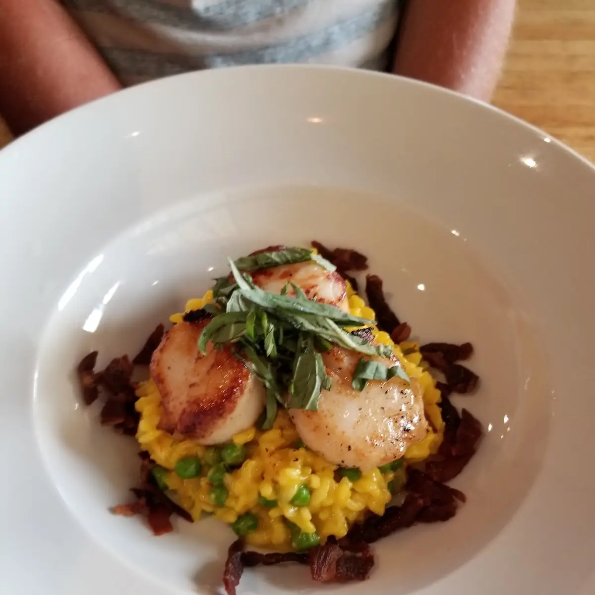 Seared Sea Scallops with a Pea Saffron Risotto and Fried Prosciutto