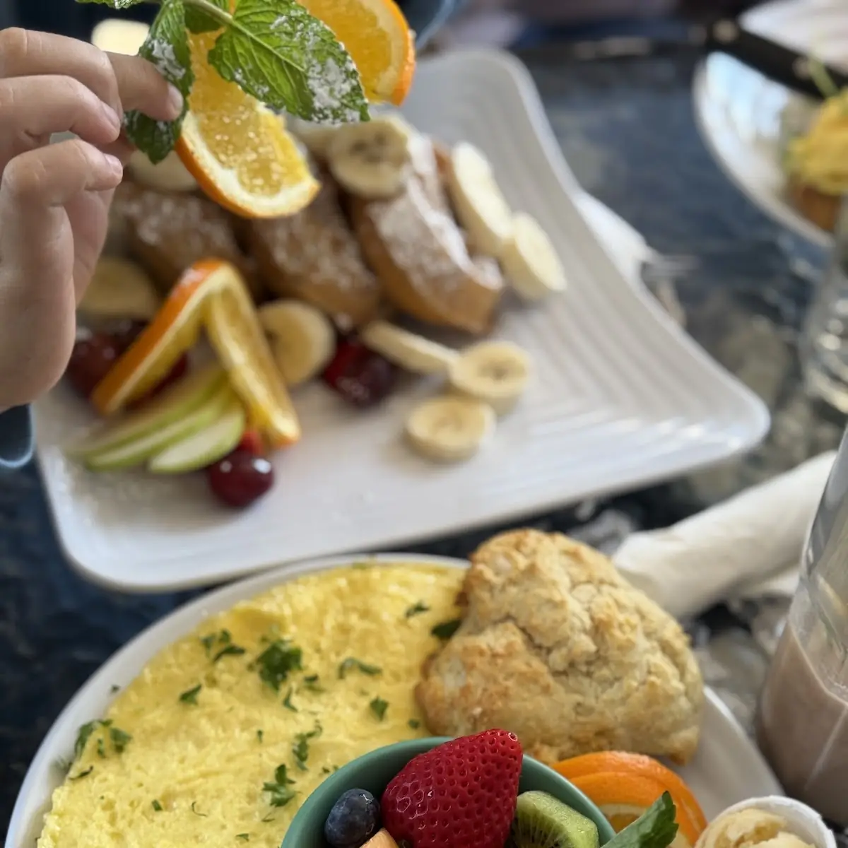 Ham Cheese Spinach Omelette Biscuit Fruit Bowl