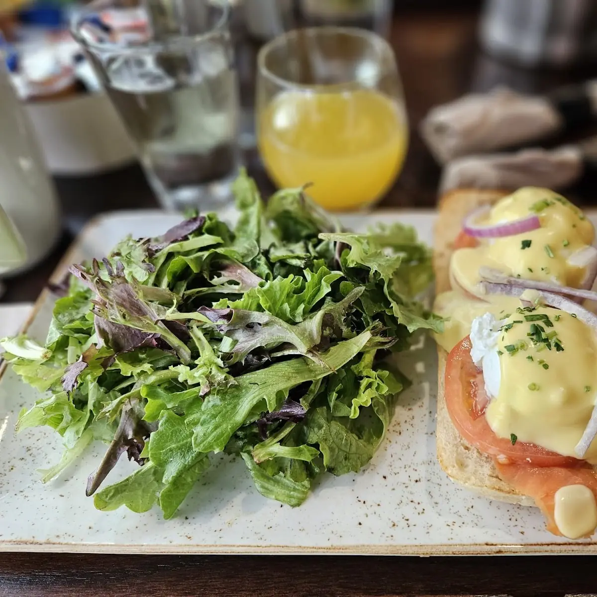 Salmon Benedict and Spring Mix