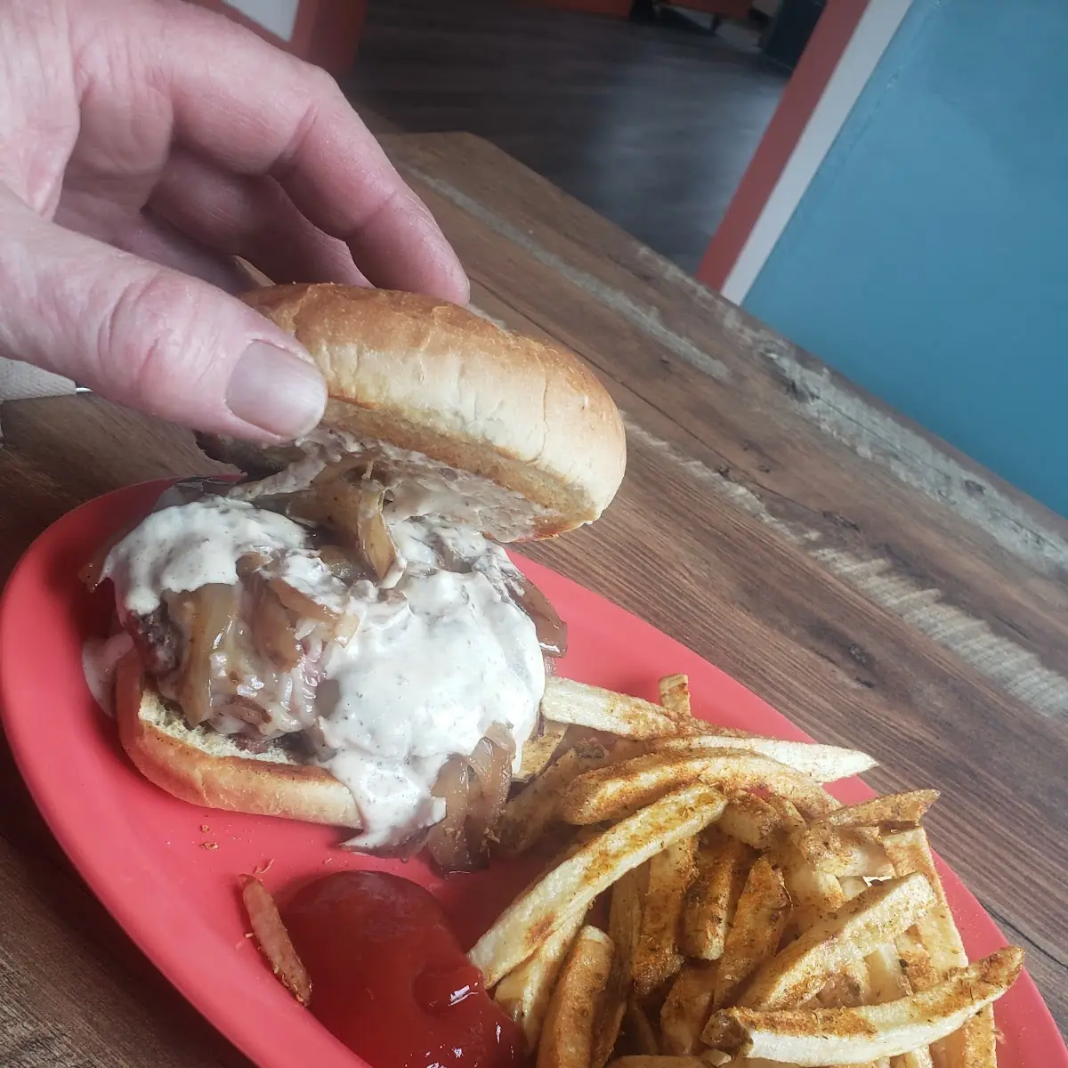 French Onion Burger with Cajun Fries