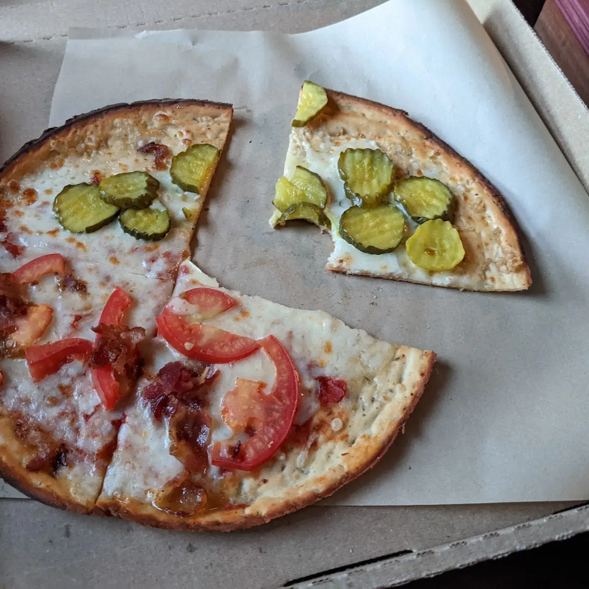 Half blt Half Pickle Pizza on Cauliflower Crust