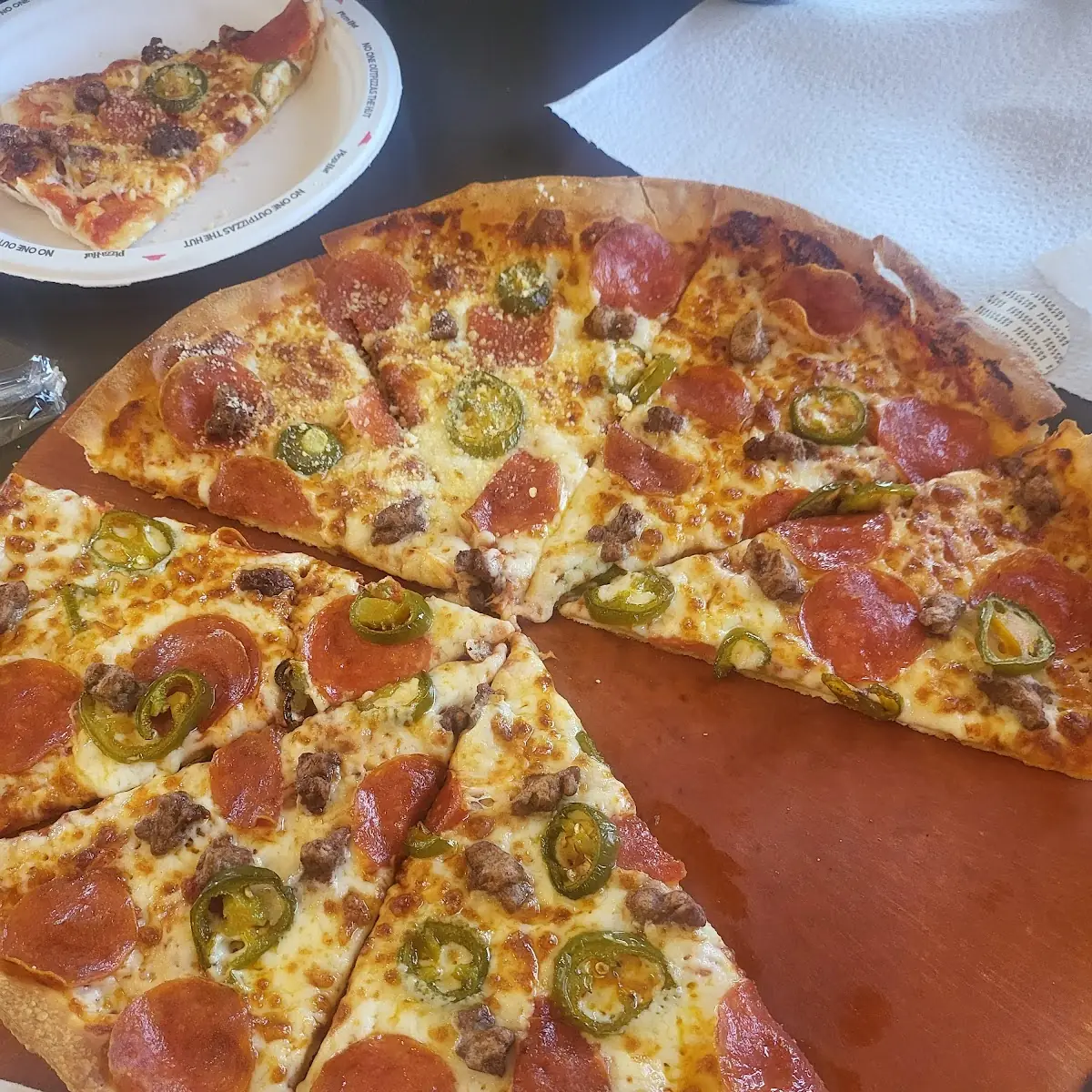 Thin Crust Pepperoni Pizza with Hamburger and Jalapenos