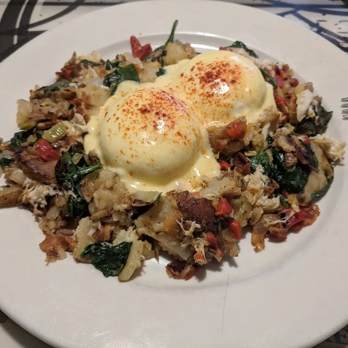 Crab Hash w Poached Eggs Benedict