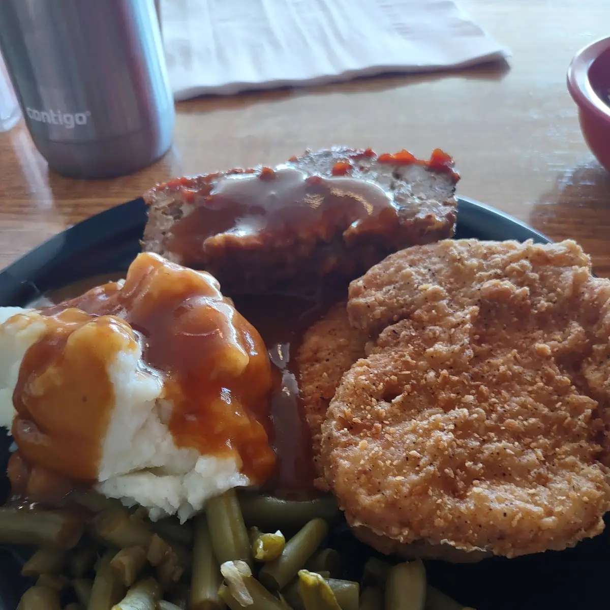 Pork Chops Potatoes Green Beans and Meatloaf