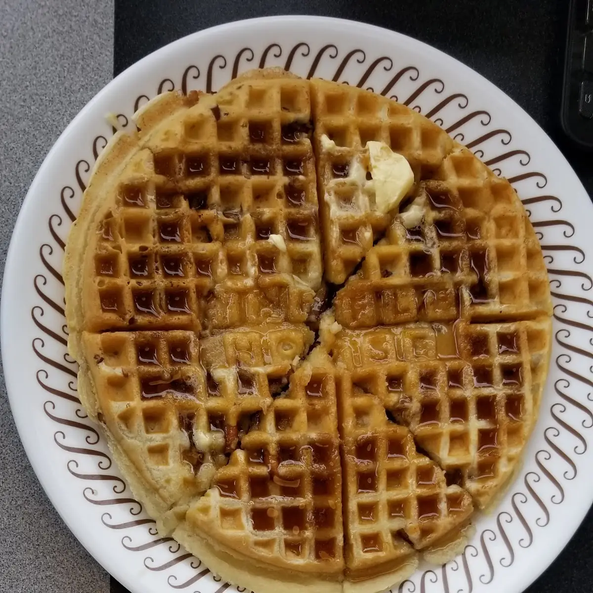Pecan Waffle and Scrambled Eggs with Cheese