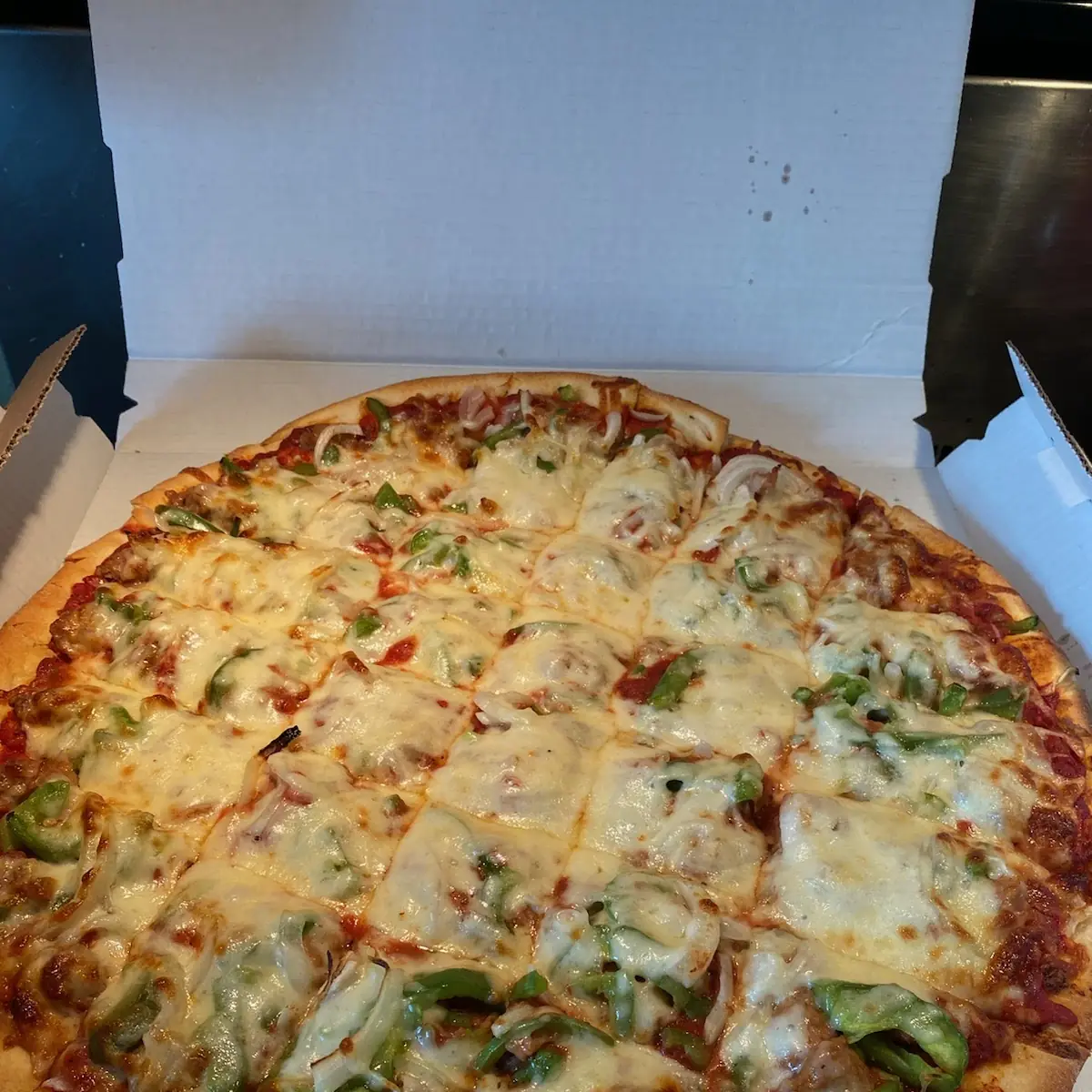 Thin Crust Sausage Onions and Green Peppers