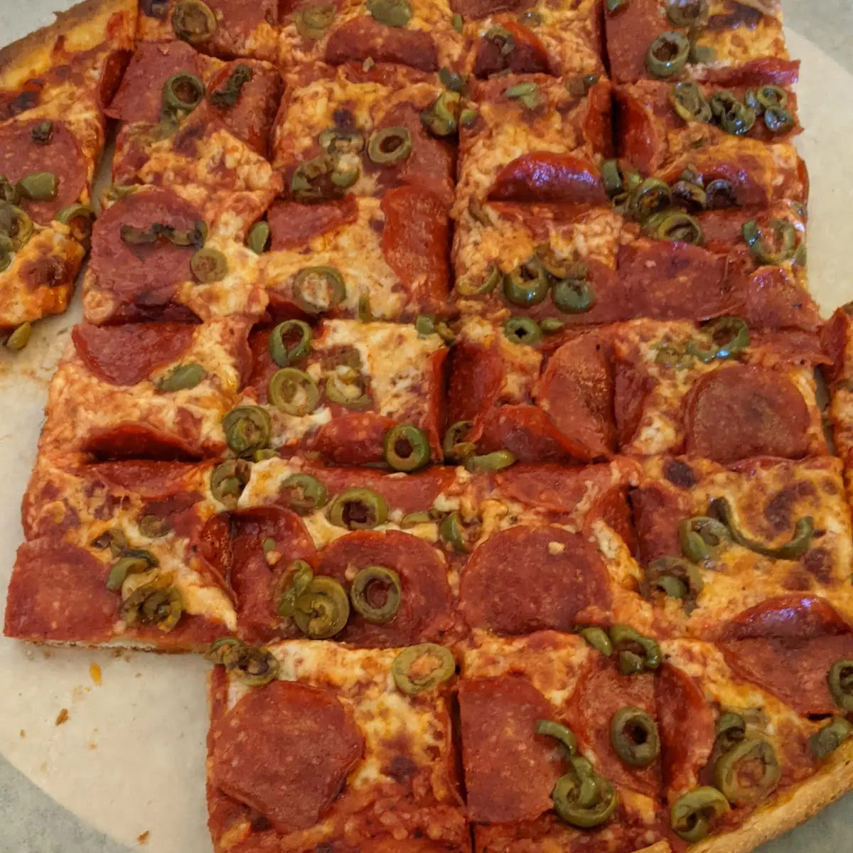 Pepperoni and Green Olive Thin Crust