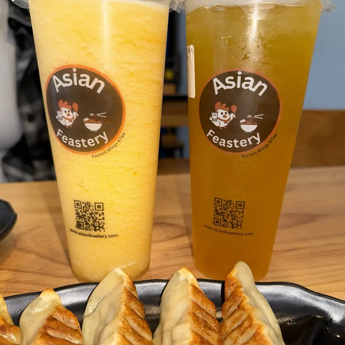 Pan Fried Wontons Mango Slushie and Passion Fruit Tea