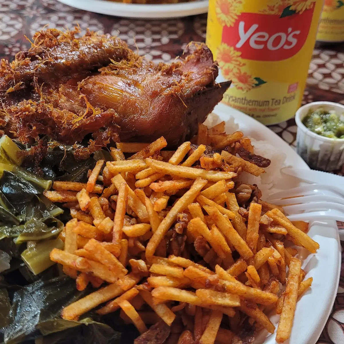 Nasi Campur Collards Ginger Chicken Potato Sticks
