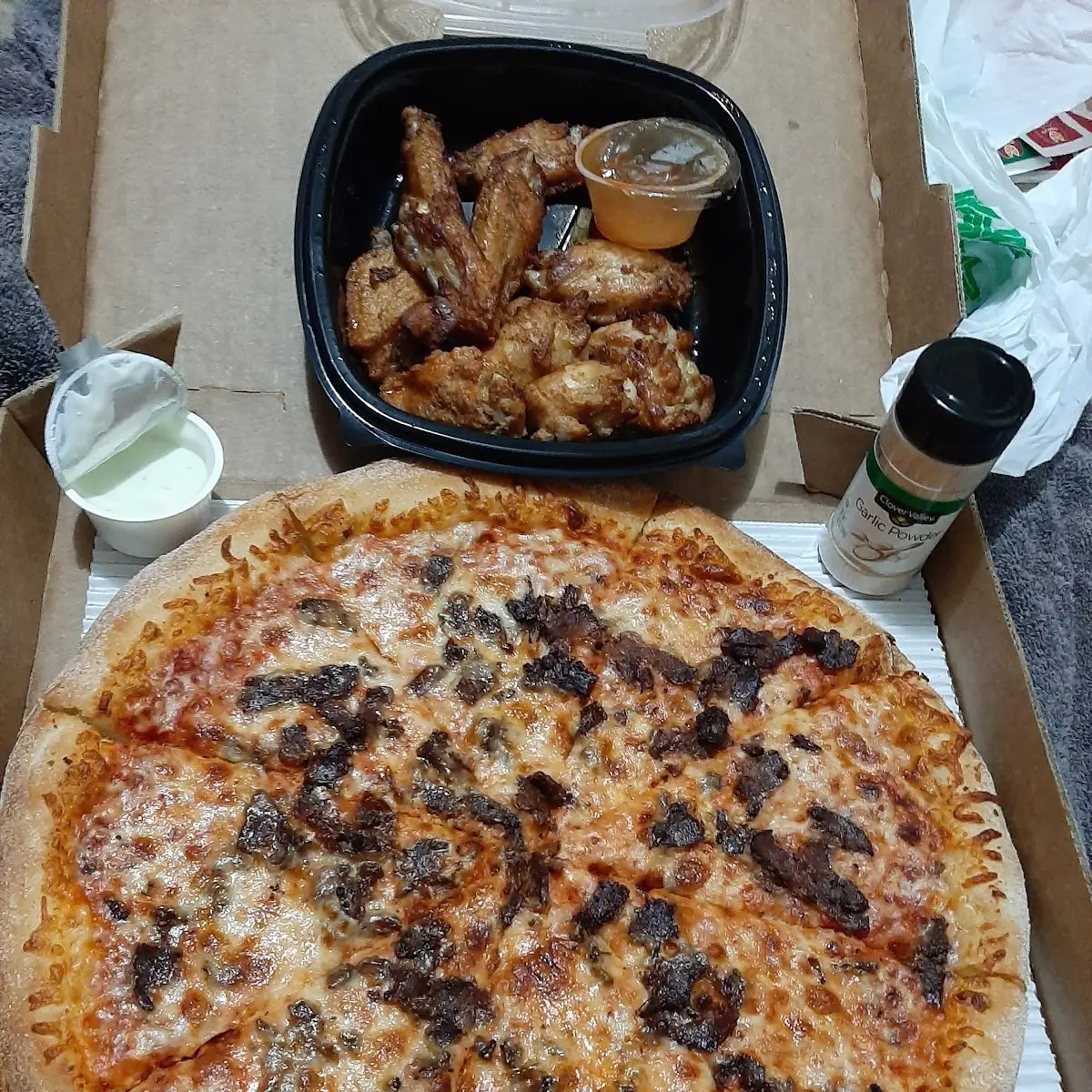 Steak Pizza and Chicken Wings