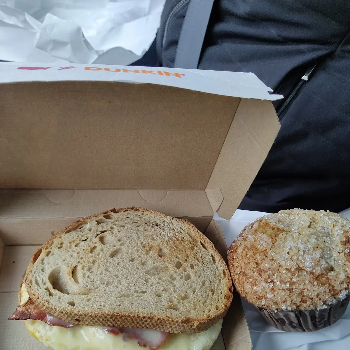 Breakfast Sandwich on Sourdough & Blueberry Muffin