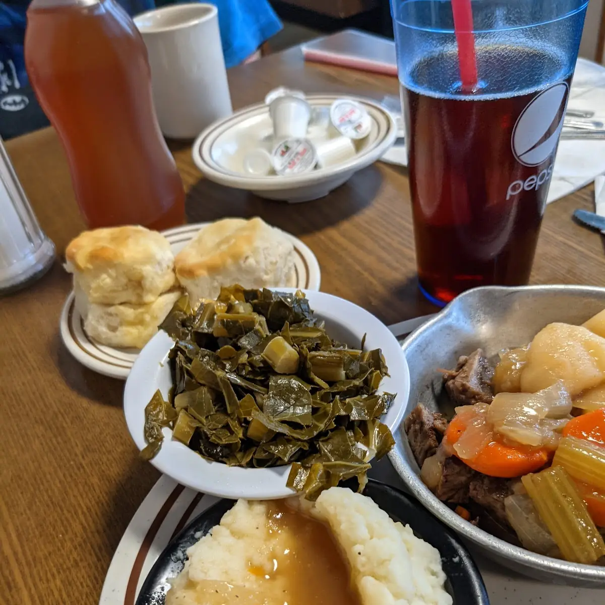 Carrots Potatoes Onions Celery Collard Greens Mashed Potatoes Gravy Biscuits with Honey Butter