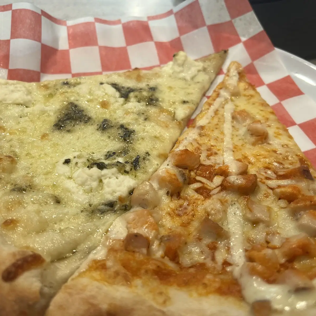 White Pizza and Buffalo Chicken Pizza