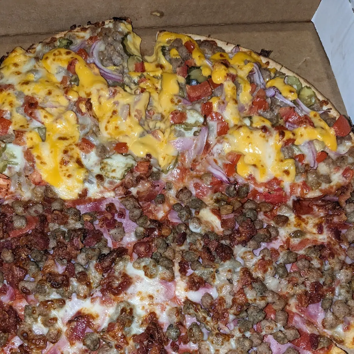 Half Cheeseburger and Have Meat Lovers Pizza