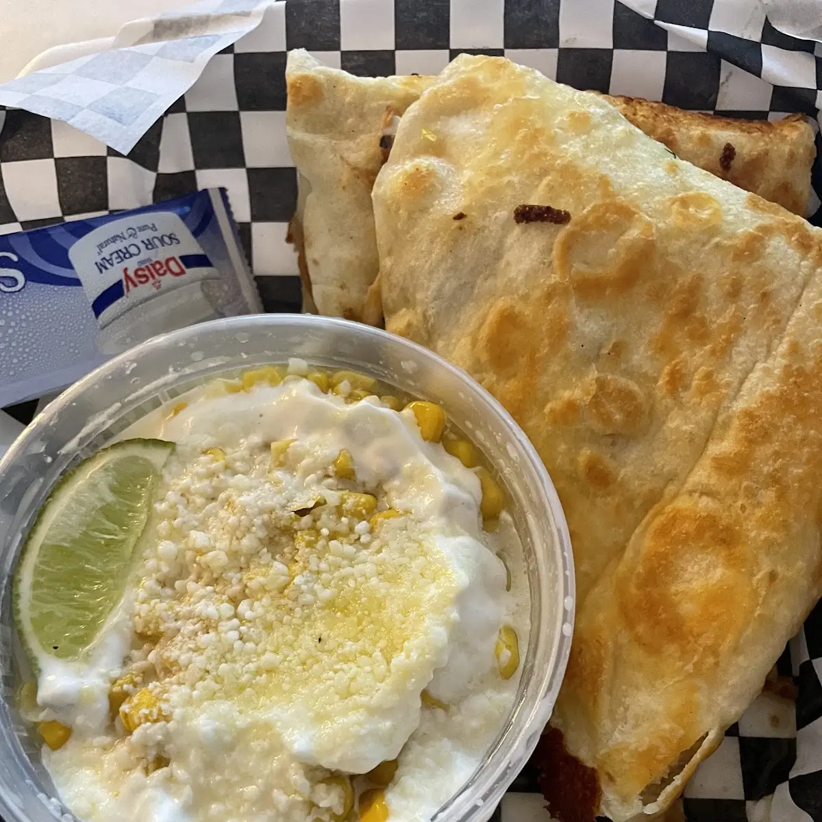 Elotes and Shrimp Quesadilla
