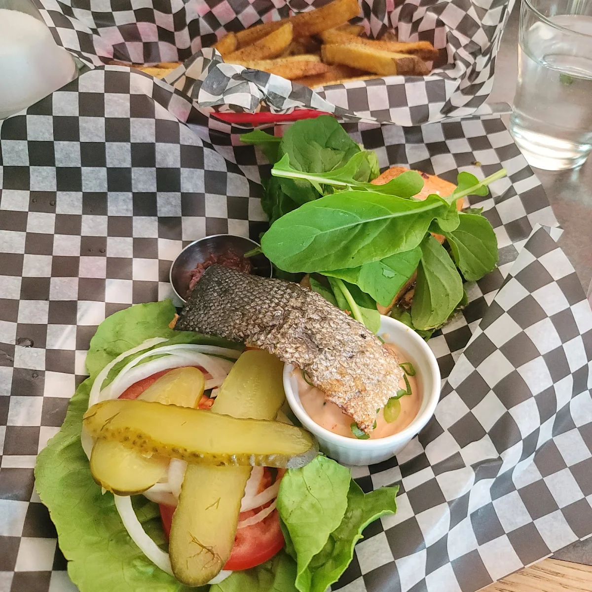 Salmon Burger and Fries Without Bun