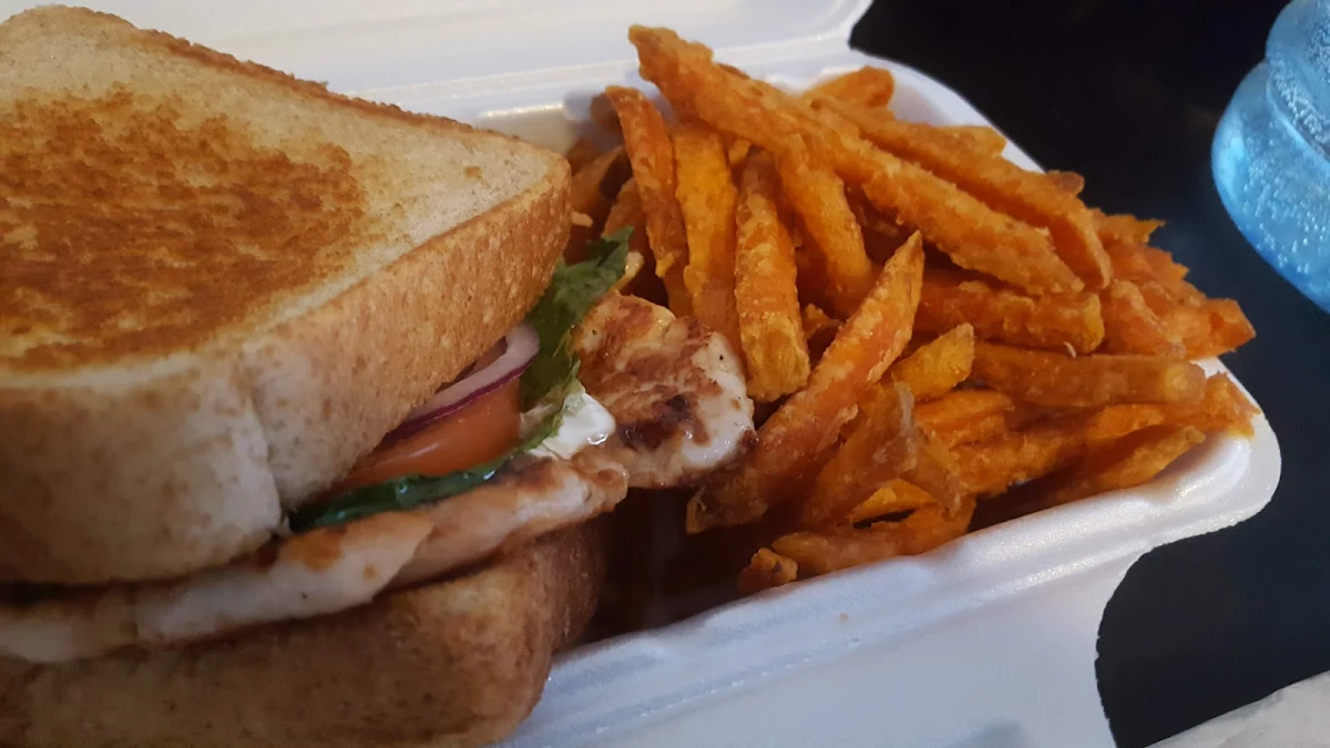 Chicken Sandwich and Sweet Potato Fries, Pour Boy - Manning