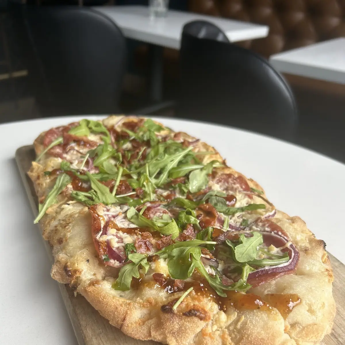 Braised Shortrib Flatbread with Caramelized Onions Gorgonzola Arugula