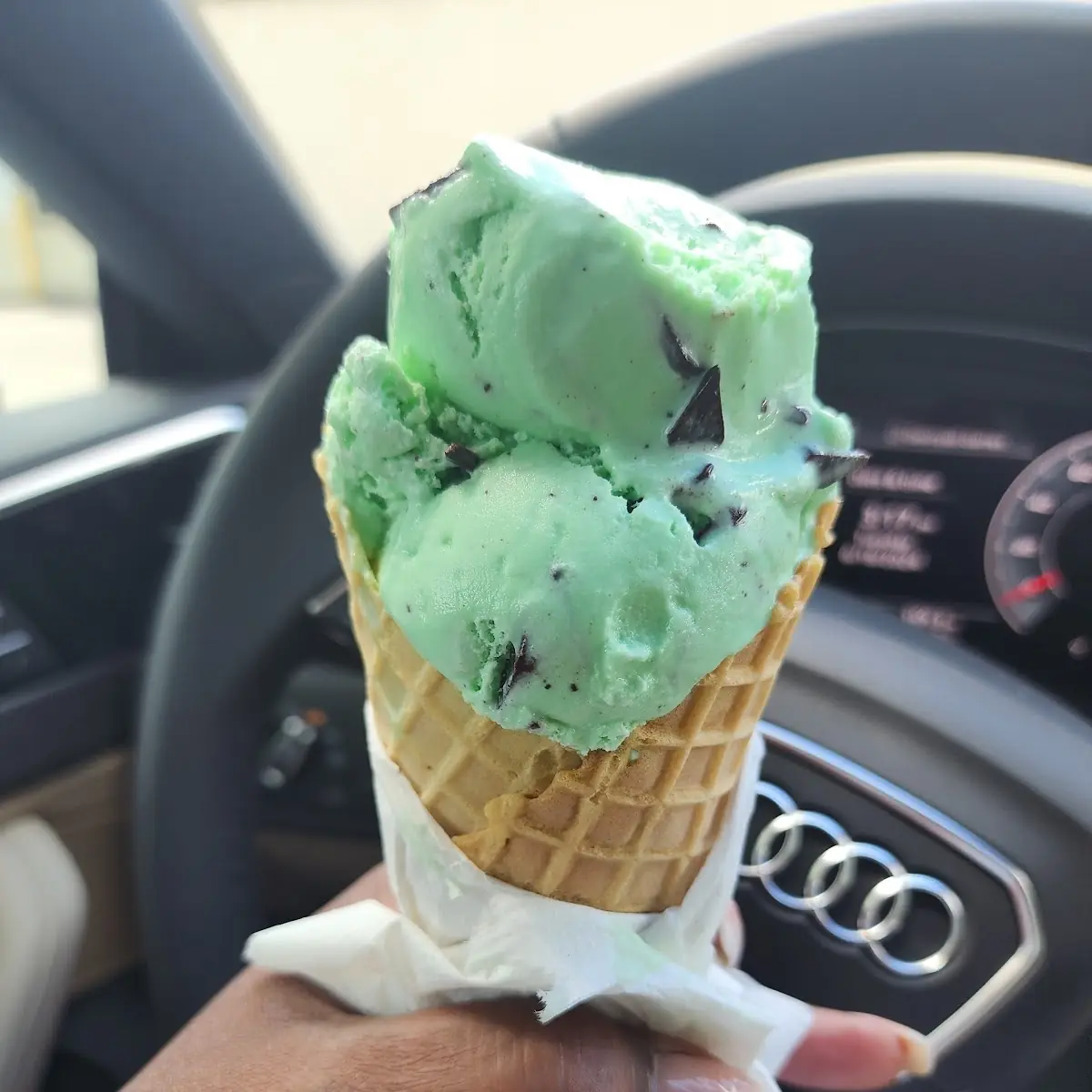 Mint Chocolate Ice Cream on a Waffle Cone