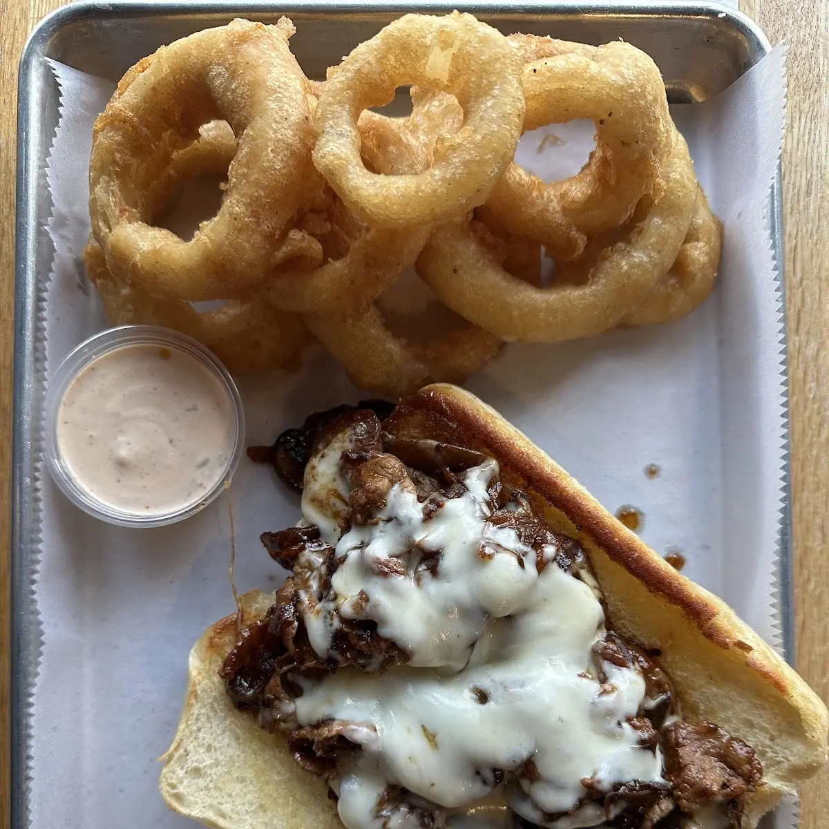 Bourbon Steak Sandwich with Onion Rings