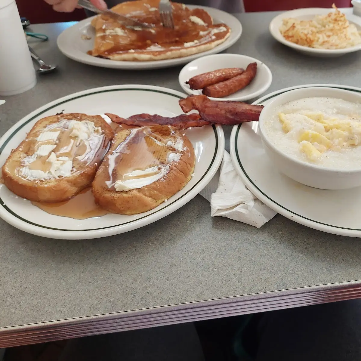 French Toast with Bacon Sausage Grits Scrambled Egg