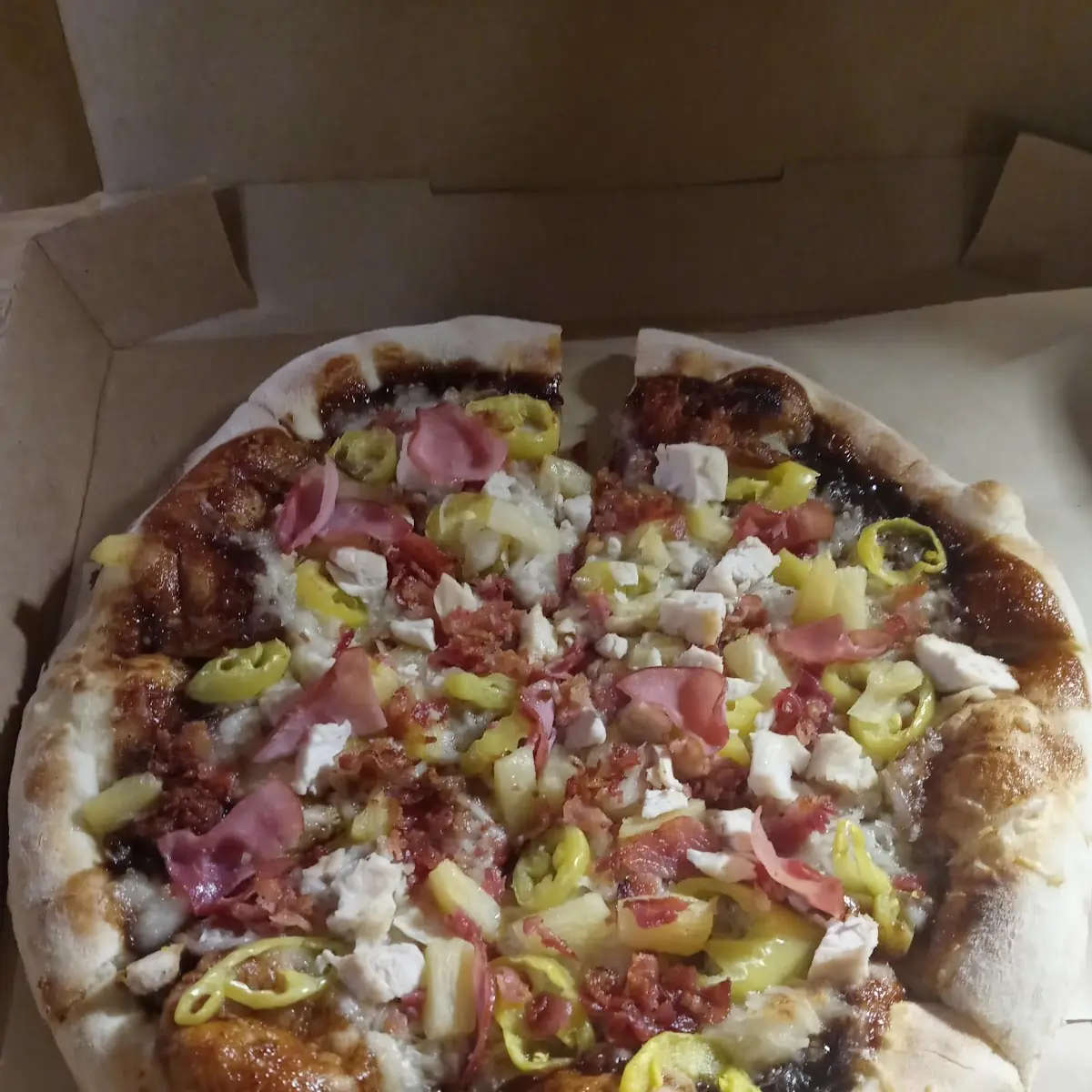 Create Our Own Pizza BBQ Sauce Base Chicken Bacon Pineapple Red Onions Banana Peppers Vegan Cheese