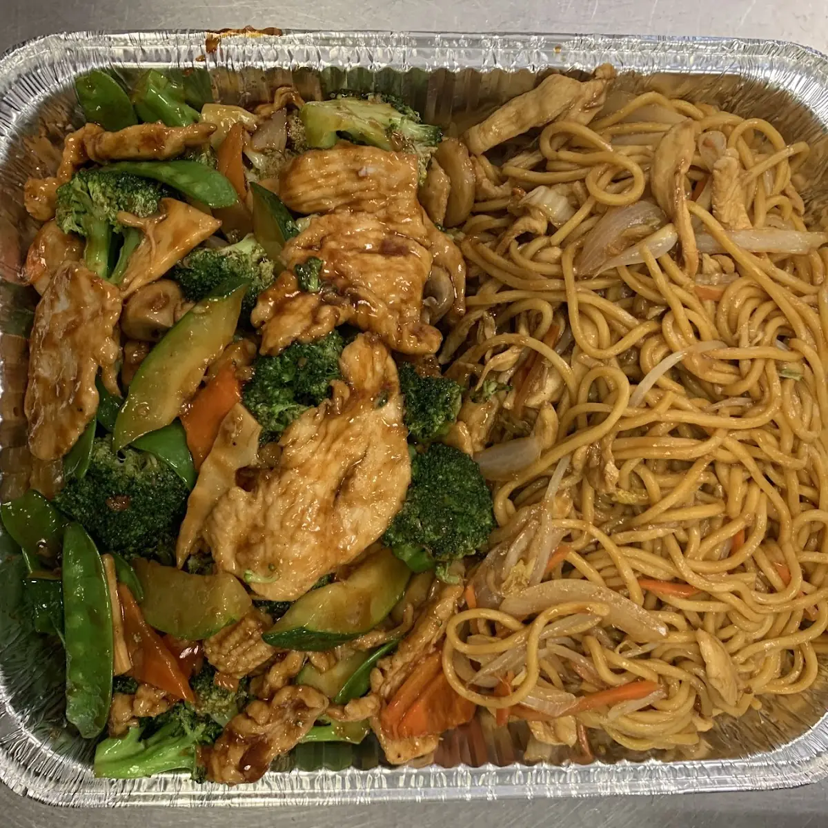 Chicken w Mixed Vegetables Dinner Combination with Chicken Lo Mein
