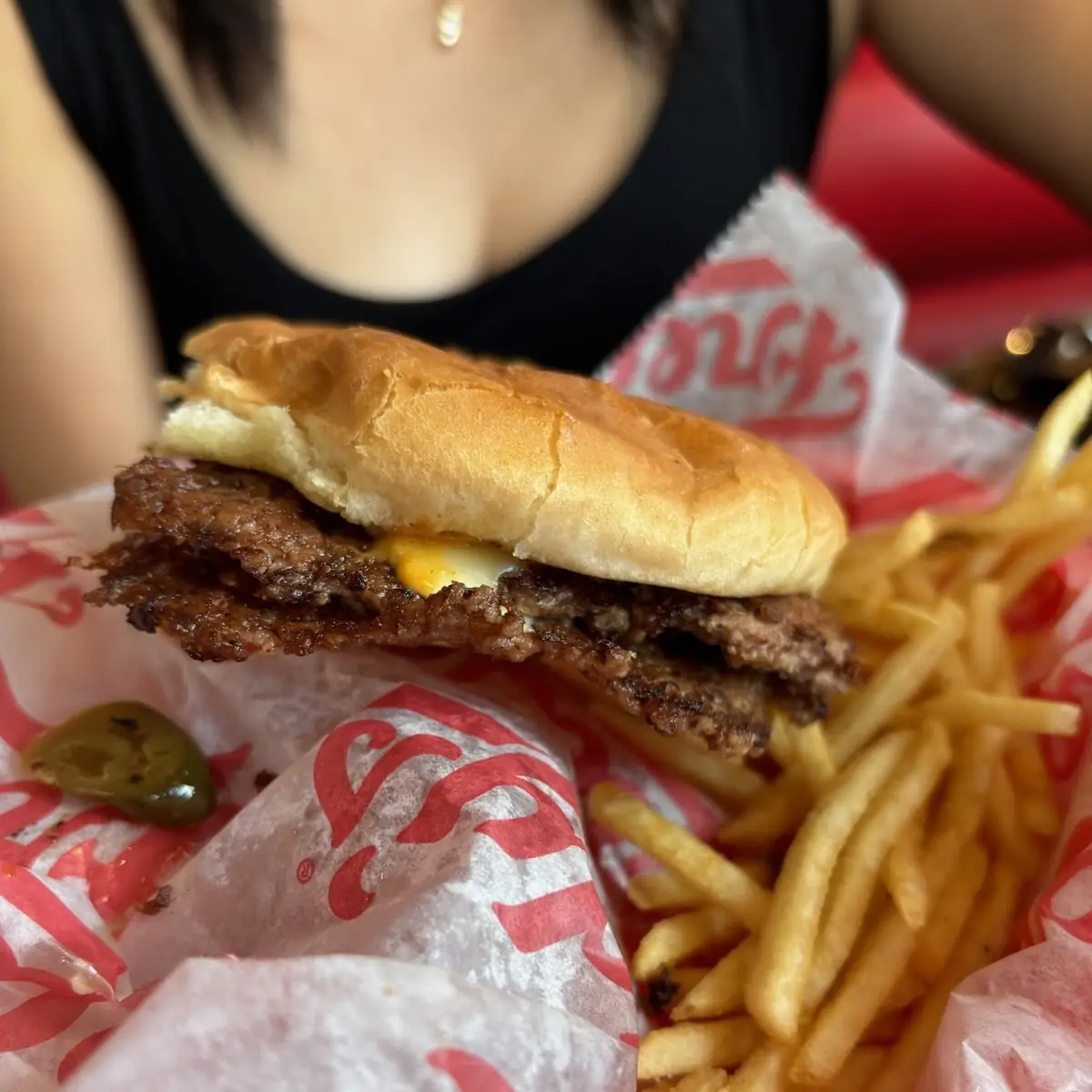 Freddy's Double Steak Burger Combo with Cheese Green Chile Fries and Jalapeno Dipping Sauce