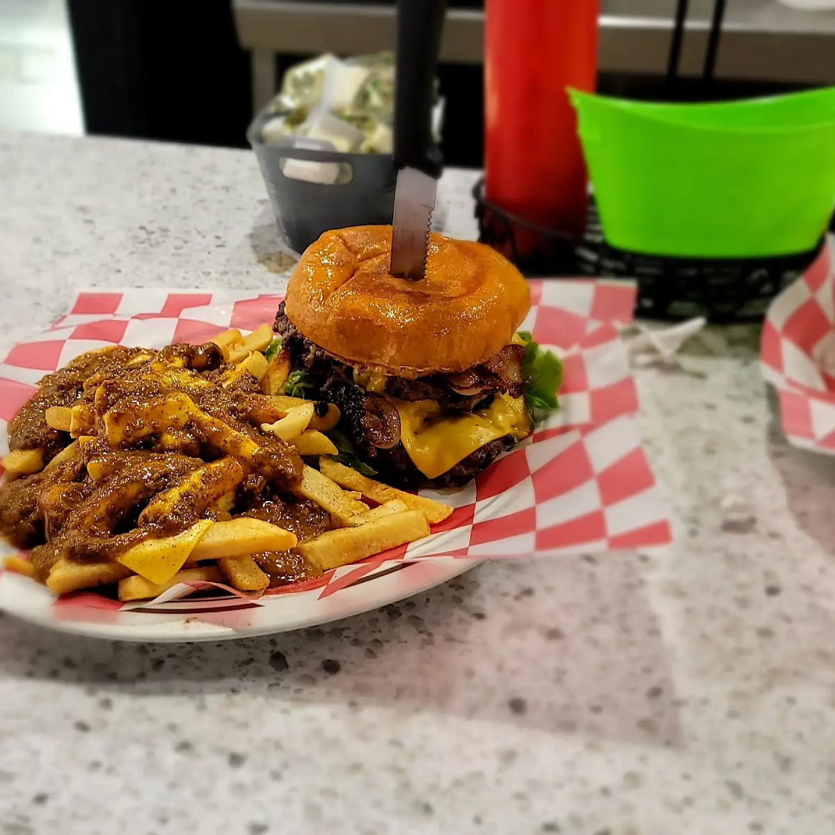 Double Bacon Cheeseburger and Chilli Cheese Fries