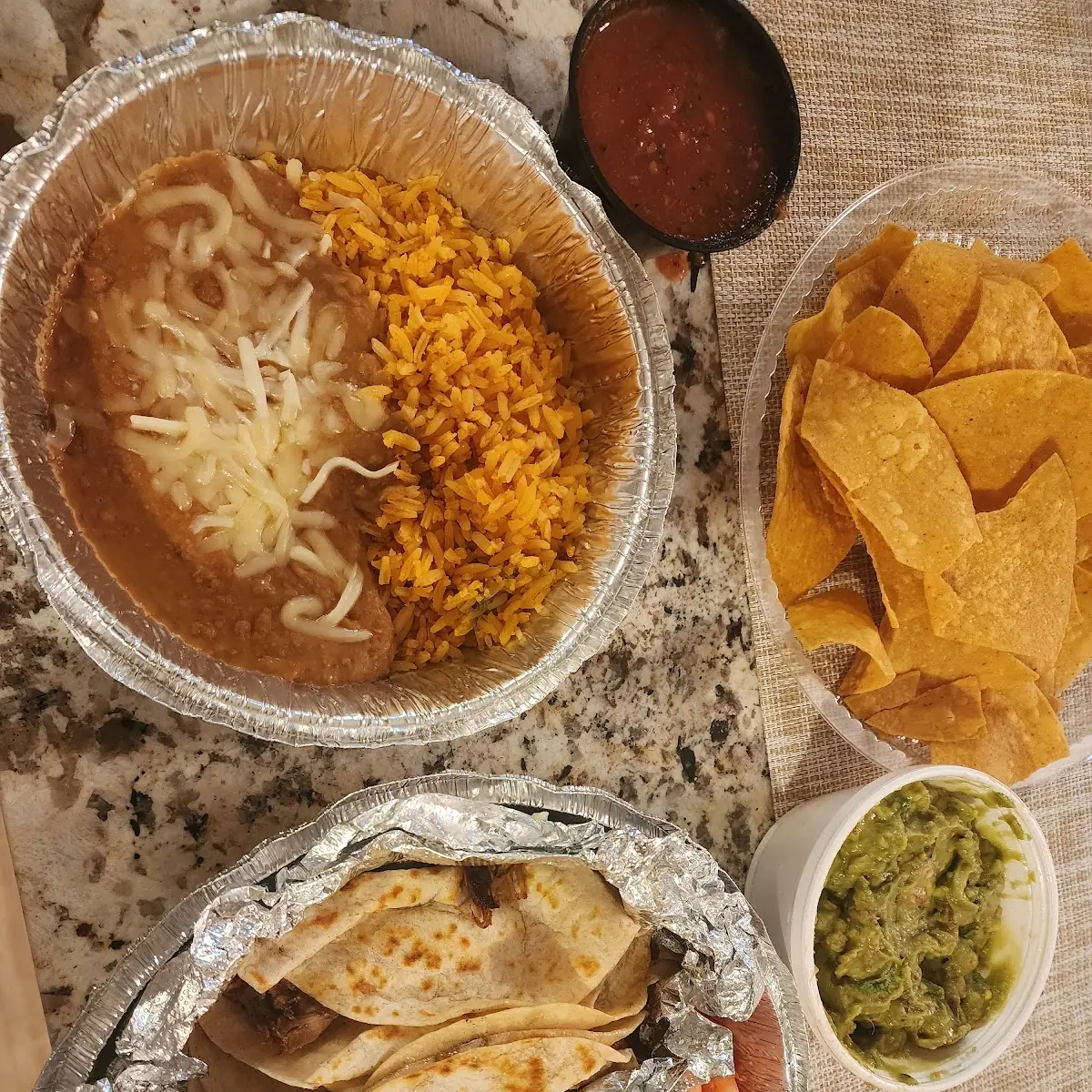 Carnitas Tacos with Rice & Refried Beans