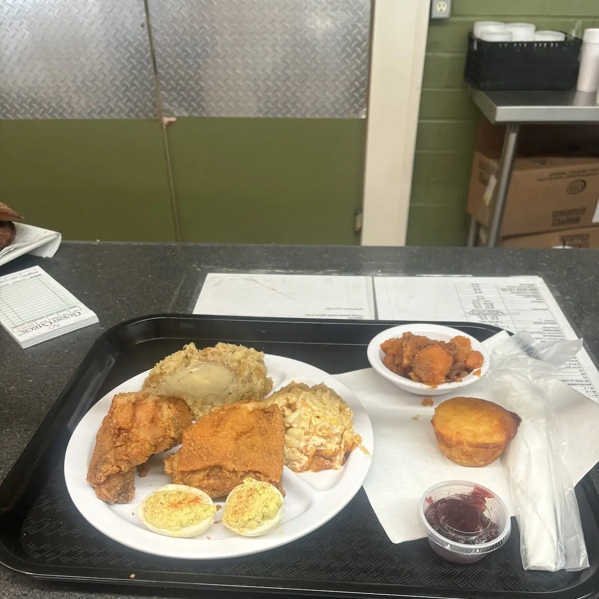 Fried Chicken Dressing Mac and Cheese Yams Deviled Eggs and Cranberry Sauce