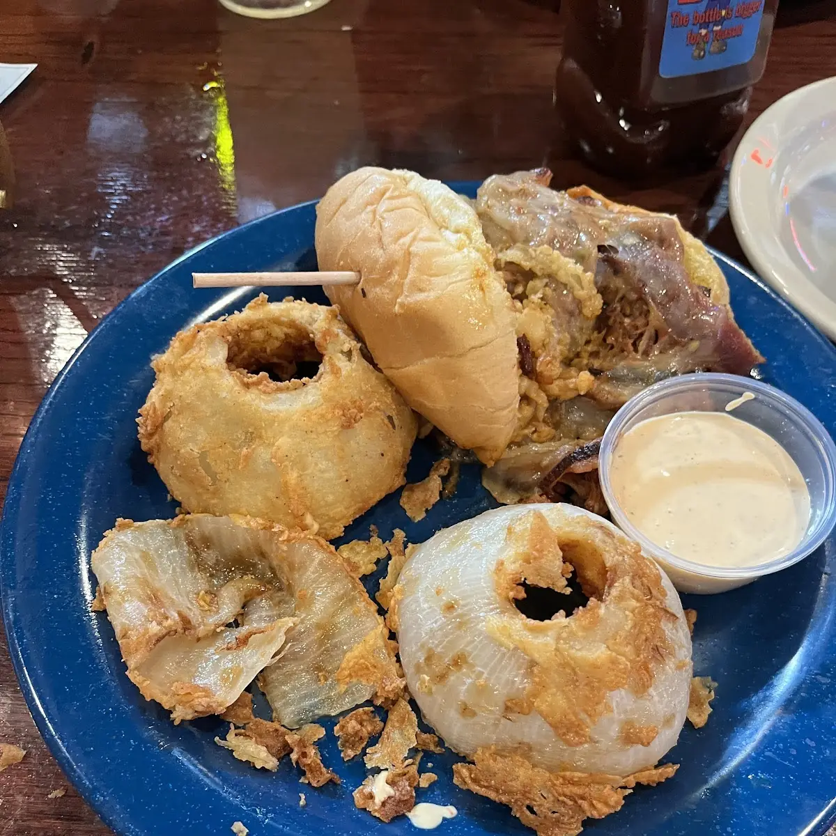 Pulled Pork Sandwich with Onion Rings