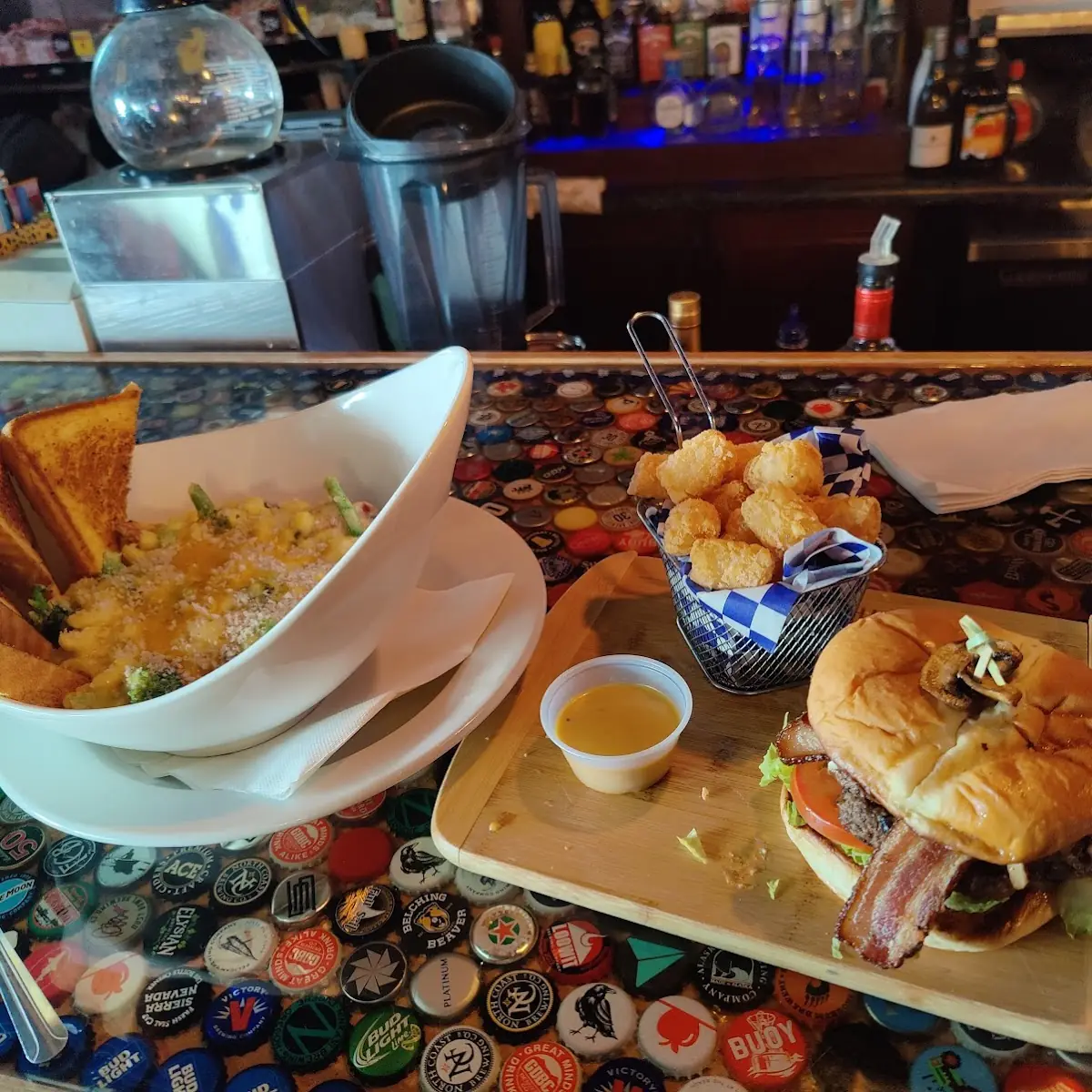 Brass Mac and Cheese and a Black and Bleu Burger