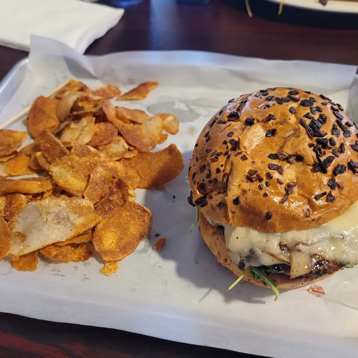 French Onion Soup Burger and Chips