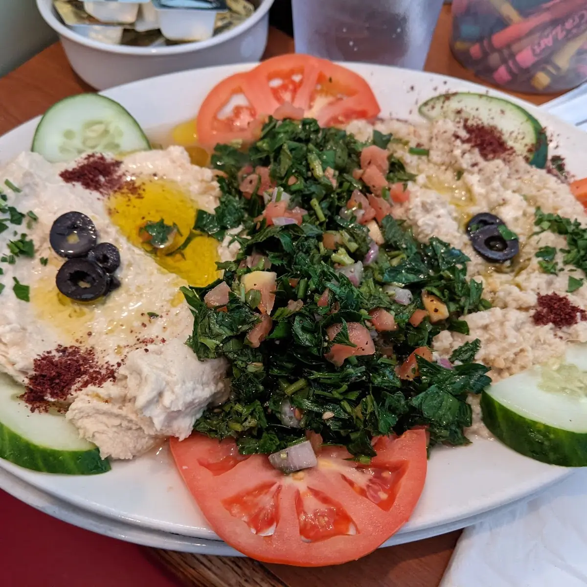 Sampler Platter Hummus Baba Ganoush and Tabouli Salad