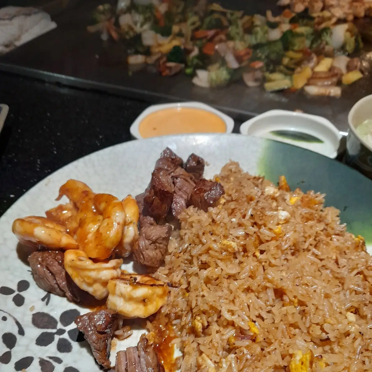 Steak Shrimp with Veggies and Fried Rice